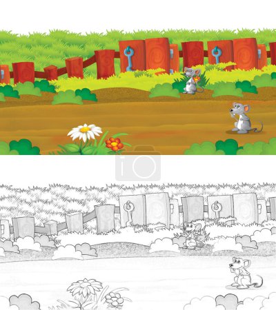Téléchargez les photos : Scène de dessin animé avec des souris s'amusant à la ferme sur fond blanc illustration pour les enfants - en image libre de droit
