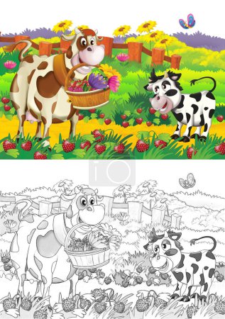 Foto de Escena de dibujos animados con vaca divirtiéndose en la granja sobre fondo blanco - ilustración para niños - Imagen libre de derechos