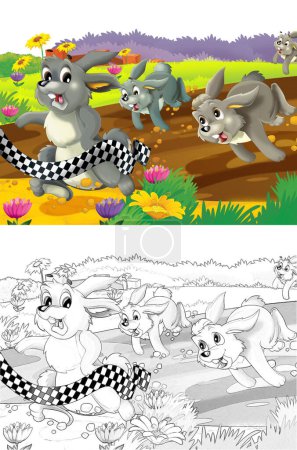 Foto de Escena de dibujos animados con conejo en una granja divirtiéndose sobre fondo blanco - ilustración para niños - Imagen libre de derechos