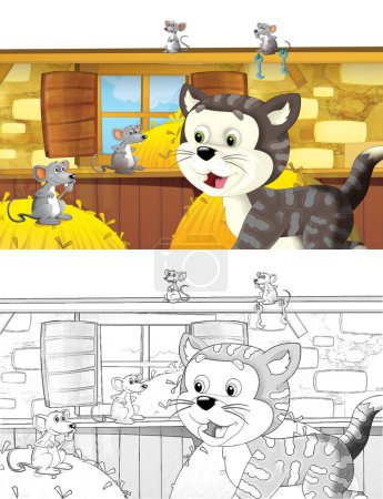 Photo for Cartoon scene with cat having fun on the farm on white background - illustration for children - Royalty Free Image