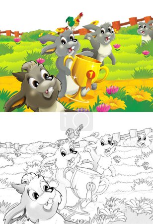 Téléchargez les photos : Scène de dessin animé avec lapin sur une ferme s'amuser sur fond blanc illustration pour les enfants - en image libre de droit