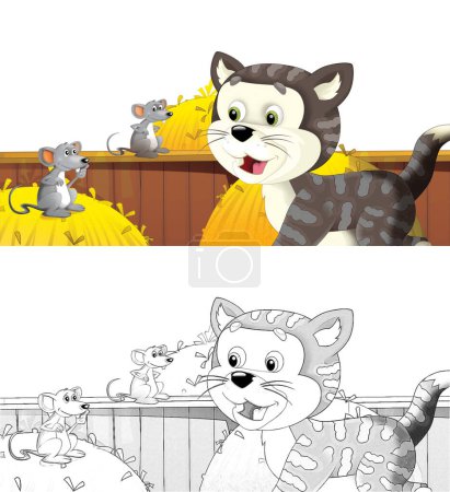 Téléchargez les photos : Scène de dessin animé avec chat s'amusant à la ferme sur fond blanc illustration pour les enfants - en image libre de droit