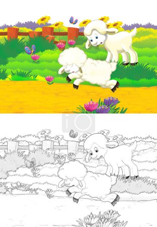 Foto de Escena de dibujos animados con ovejas divirtiéndose en la granja sobre fondo blanco - ilustración para niños - Imagen libre de derechos
