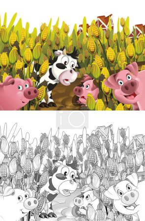 Téléchargez les photos : Scène de dessin animé avec cochon et vache sur une ferme s'amuser sur fond blanc illustration pour les enfants - en image libre de droit