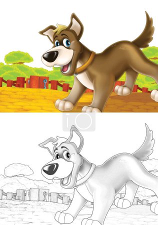 Foto de Escena de dibujos animados con perro divirtiéndose en la granja sobre fondo blanco - ilustración para niños - Imagen libre de derechos