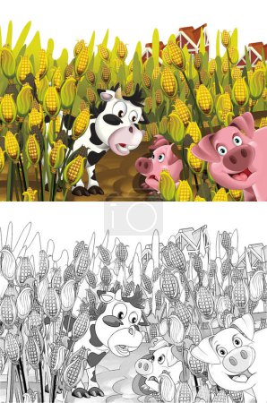 Foto de Escena de dibujos animados con cerdo y vaca en un rancho de granja divirtiéndose sobre fondo blanco - ilustración para niños - Imagen libre de derechos