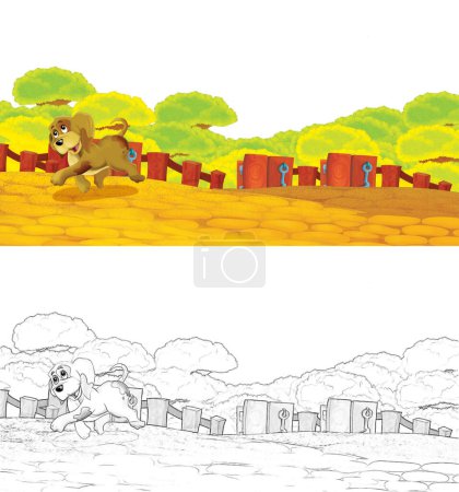 Foto de Escena de dibujos animados con perro divirtiéndose en la granja sobre fondo blanco - ilustración para niños - Imagen libre de derechos