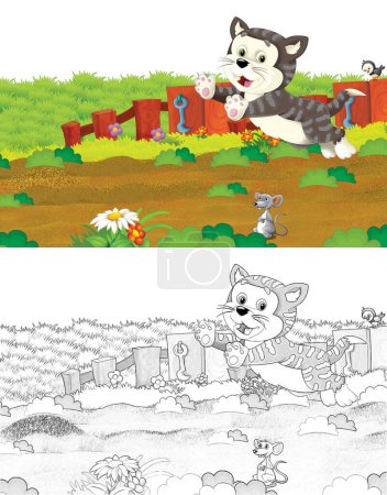 Foto de Escena de dibujos animados con gato divirtiéndose en la granja sobre fondo blanco - ilustración para niños - Imagen libre de derechos