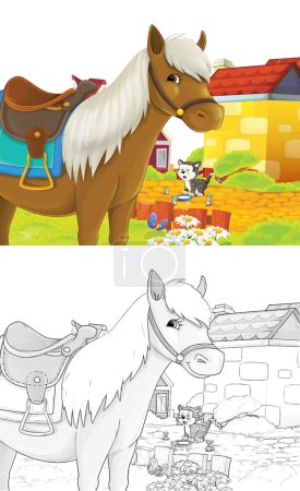 Téléchargez les photos : Scène de dessin animé avec cheval s'amusant à la ferme sur fond blanc illustration pour les enfants - en image libre de droit