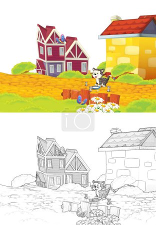 Photo for Cartoon scene with cat having fun on the farm on white background - illustration for children - Royalty Free Image