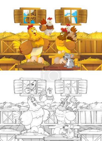 Foto de Escena de granja de dibujos animados con pájaro de pollo animal divirtiéndose sobre fondo blanco con espacio para el texto - ilustración para niños - Imagen libre de derechos