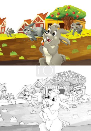 Foto de Escena de dibujos animados con conejo en una granja divirtiéndose sobre fondo blanco - ilustración para niños - Imagen libre de derechos