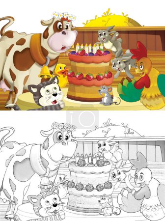 Foto de Escena de dibujos animados con vaca divirtiéndose en la granja sobre fondo blanco - ilustración para niños - Imagen libre de derechos