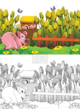 Téléchargez les photos : Scène de dessin animé avec cochon dans un ranch agricole s'amuser sur fond blanc illustration pour les enfants - en image libre de droit