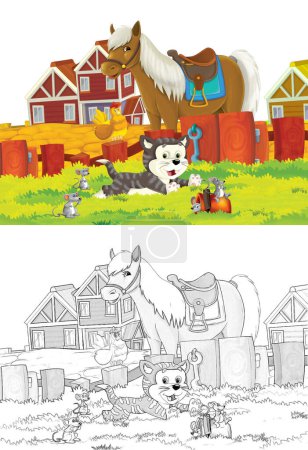 Photo for Cartoon scene with cat and horse having fun on the farm on white background - illustration for children - Royalty Free Image
