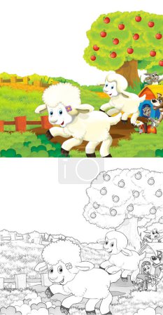 Téléchargez les photos : Scène de dessin animé avec des moutons s'amusant à la ferme sur fond blanc illustration pour les enfants - en image libre de droit