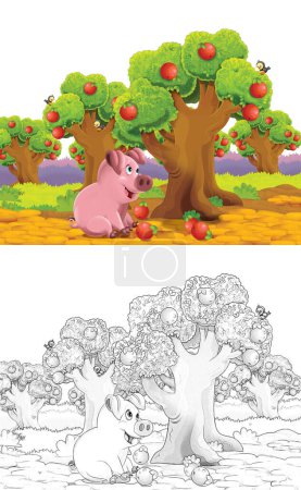 Foto de Escena de dibujos animados con cerdo en un rancho de granja divirtiéndose sobre fondo blanco - ilustración para niños - Imagen libre de derechos