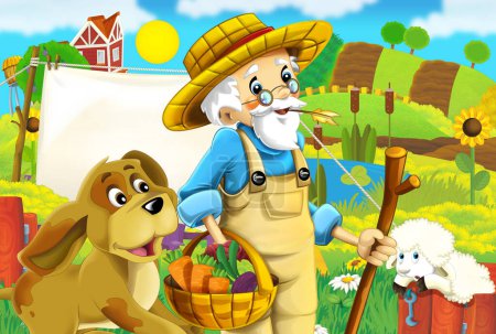 Téléchargez les photos : Cartoon farm ranch scene with farmer boy different animals and pumpkins illustration - en image libre de droit