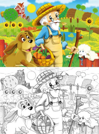Téléchargez les photos : Cartoon farm ranch scene with farmer boy different animals and pumpkins illustration sketch - en image libre de droit