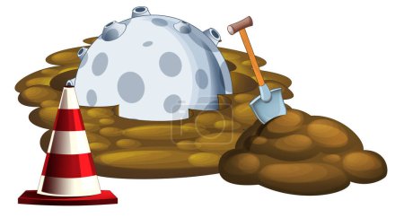Photo for Cartoon mud hole or earth construction site and rock meteorite isolated - illustration - Royalty Free Image