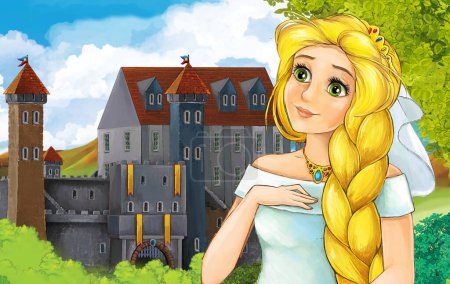 Téléchargez les photos : Scène de dessin animé avec princesse sorcière près du château illustration - en image libre de droit