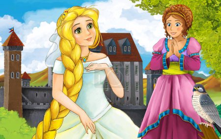 Téléchargez les photos : Cartoon scene with princess sorceress near the castle illustration - en image libre de droit