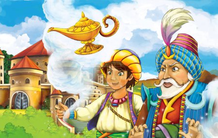Téléchargez les photos : Cartoon scene with prince sorceress near the castle illustration - en image libre de droit