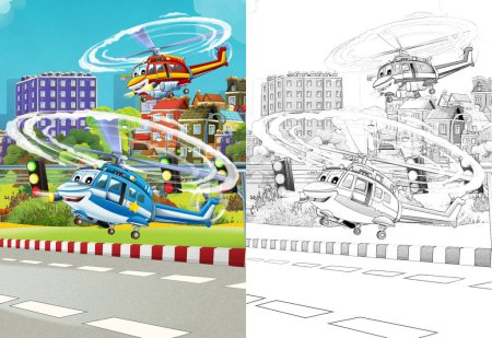 Téléchargez les photos : Dessin animé scène heureuse avec hélicoptère d'avion volant dans la ville illustration pour les enfants - en image libre de droit