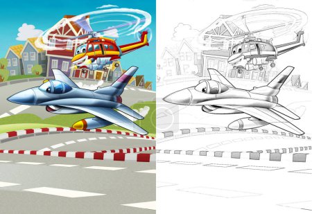 Photo for Cartoon happy scene with plane helicopter flying in the city - illustration for children - Royalty Free Image