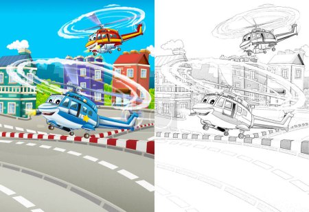Photo for Cartoon happy scene with plane helicopter flying in the city - illustration for children - Royalty Free Image