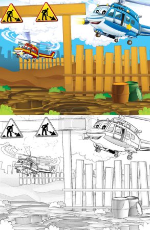 Foto de Dibujos animados escena feliz con helicóptero de avión volando en la ciudad - ilustración para los niños - Imagen libre de derechos