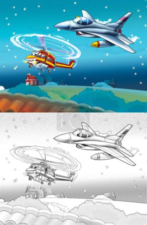 Téléchargez les photos : Dessin animé scène heureuse avec hélicoptère d'avion volant dans la ville illustration pour les enfants - en image libre de droit