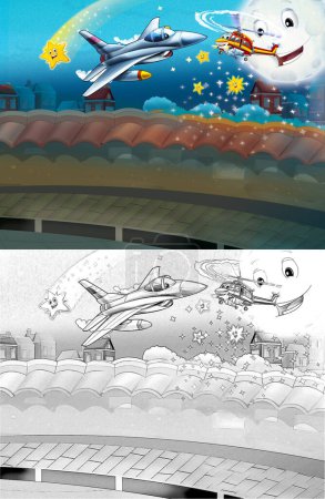 Foto de Dibujos animados escena feliz con helicóptero de avión volando en la ciudad - ilustración para los niños - Imagen libre de derechos