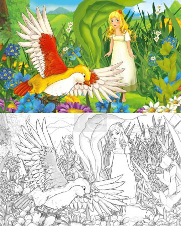 Téléchargez les photos : Scène de dessin animé avec jeune belle petite fille dans la forêt avec un oiseau sauvage avec page de croquis - illustration pour les enfants - en image libre de droit