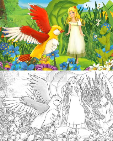 Photo for Cartoon scene with young beautiful tiny girl in the forest with a wild bird with sketch page - illustration for children - Royalty Free Image