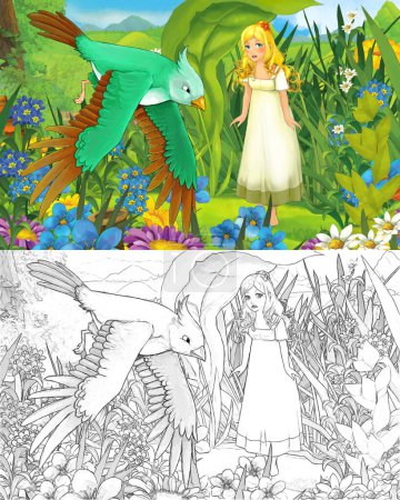 Téléchargez les photos : Scène de dessin animé avec jeune belle petite fille dans la forêt avec un oiseau sauvage avec page de croquis - illustration pour les enfants - en image libre de droit