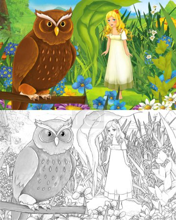 Photo for Cartoon scene with young beautiful tiny girl in the forest with a wild bird with sketch page - illustration for children - Royalty Free Image