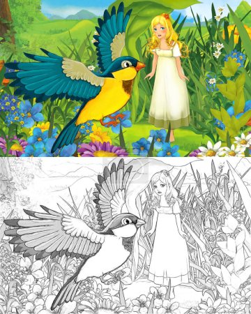 Foto de Escena de dibujos animados con una niña pequeña y hermosa en el bosque con un pájaro salvaje con página de boceto - ilustración para niños - Imagen libre de derechos