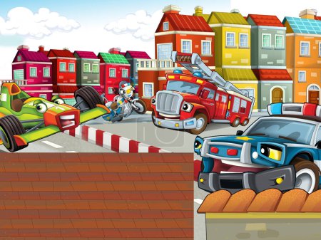 Foto de Escena de dibujos animados conescena de la ciudad con diferentes vehículos de coches marco espacio fronterizo para la ilustración de texto - Imagen libre de derechos