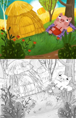 Téléchargez les photos : Cartoon fairy tale scene with pin boy in the nature near the village illustration - en image libre de droit