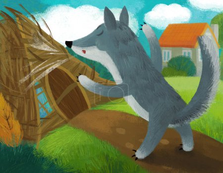 Téléchargez les photos : Scène de dessin animé avec loup à la ferme à la recherche de porcs illustration - en image libre de droit