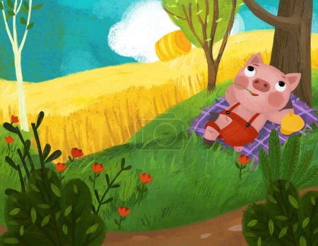 Téléchargez les photos : Cartoon fairy tale scene with farm pig farmer resting under the tree illustration - en image libre de droit