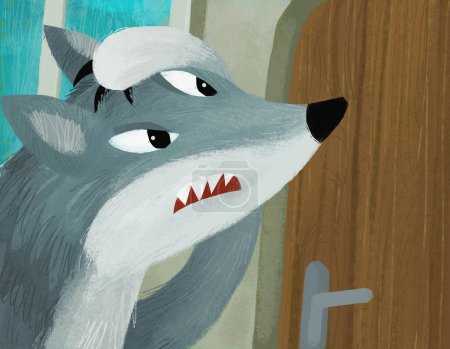 Téléchargez les photos : Cartoon scene with bad wolf on the roof smiling and resting illustration - en image libre de droit