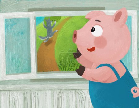Foto de Escena de dibujos animados con granjero de cerdos dentro de la casa de la granja ilustración - Imagen libre de derechos