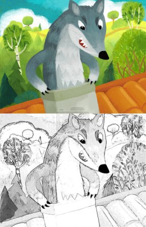 Téléchargez les photos : Scène de dessin animé avec loup à la ferme à la recherche de porcs fermiers illustration - en image libre de droit