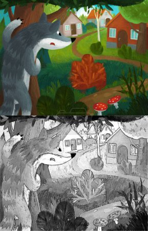 Téléchargez les photos : Cartoon scene with wolf on the farm seeking farmer pigs illustration - en image libre de droit