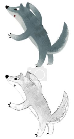 Téléchargez les photos : Scène de dessin animé avec mauvais loup sur fond blanc illustration croquis - en image libre de droit