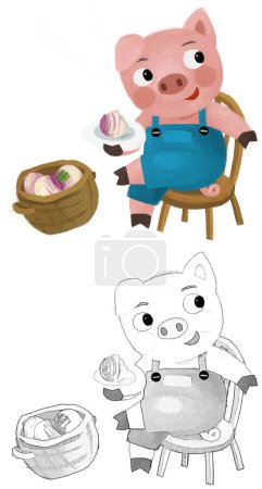 Téléchargez les photos : Scène de dessin animé avec fermier funnt porc éleveur isolé illustration croquis - en image libre de droit