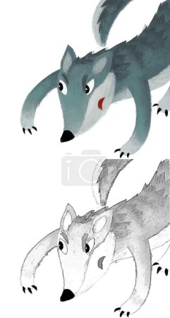 Téléchargez les photos : Scène de dessin animé avec mauvais loup sur fond blanc illustration pour enfants croquis - en image libre de droit