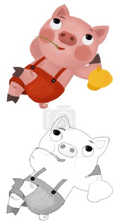 Téléchargez les photos : Cartoon scene with farmer funnt pig rancher isolated illustration sketch - en image libre de droit